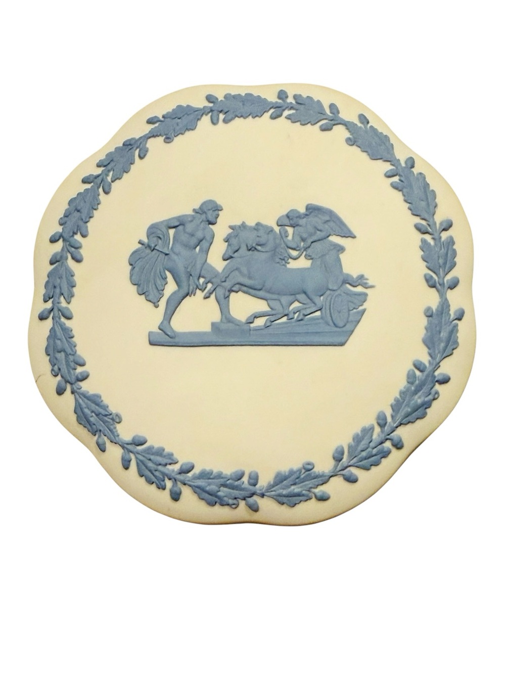 WEDGWOOD “Reverse” Creamy White Jasperware w/Deep Blue Bas Relief Covered Dish